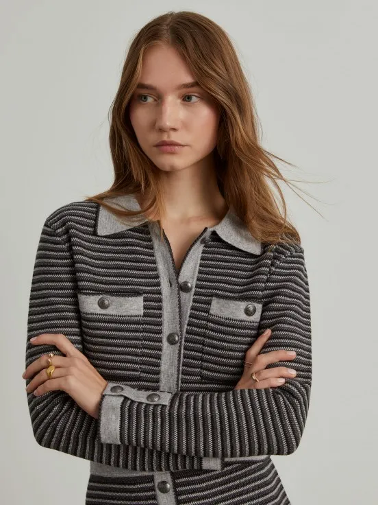 Knit jacket with striped pattern and button closure