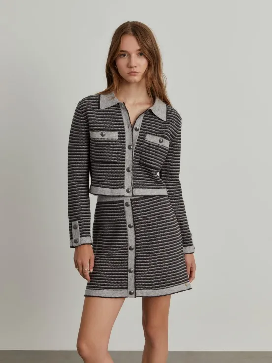 Knit jacket with striped pattern and button closure