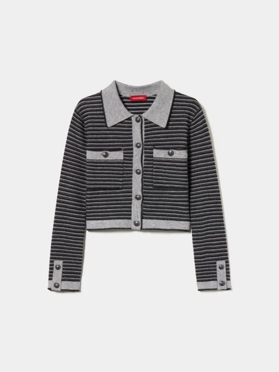 Knit jacket with striped pattern and button closure