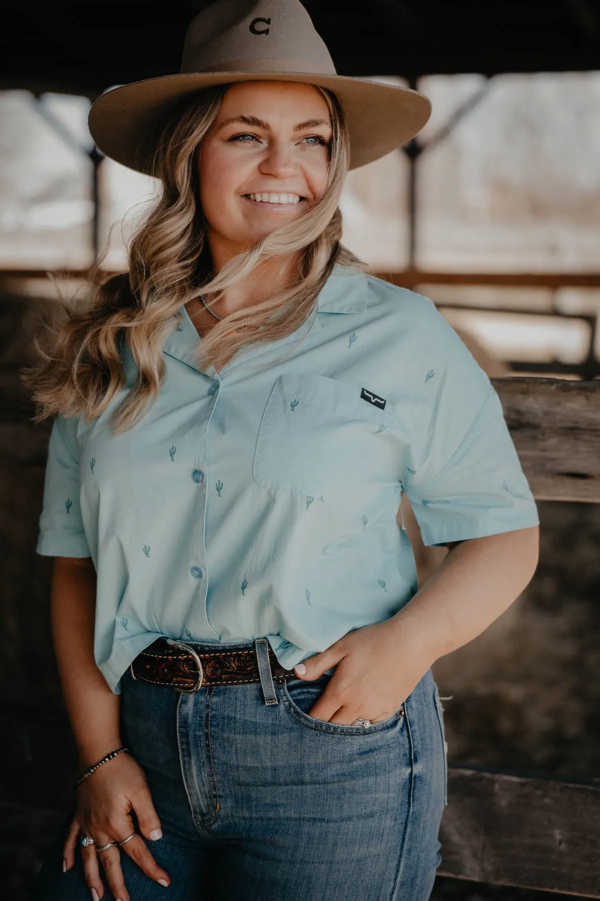 'Lady Cisco' Women's Light Blue Cacti Printed Camp Shirt by Kimes Ranch  (S Only)