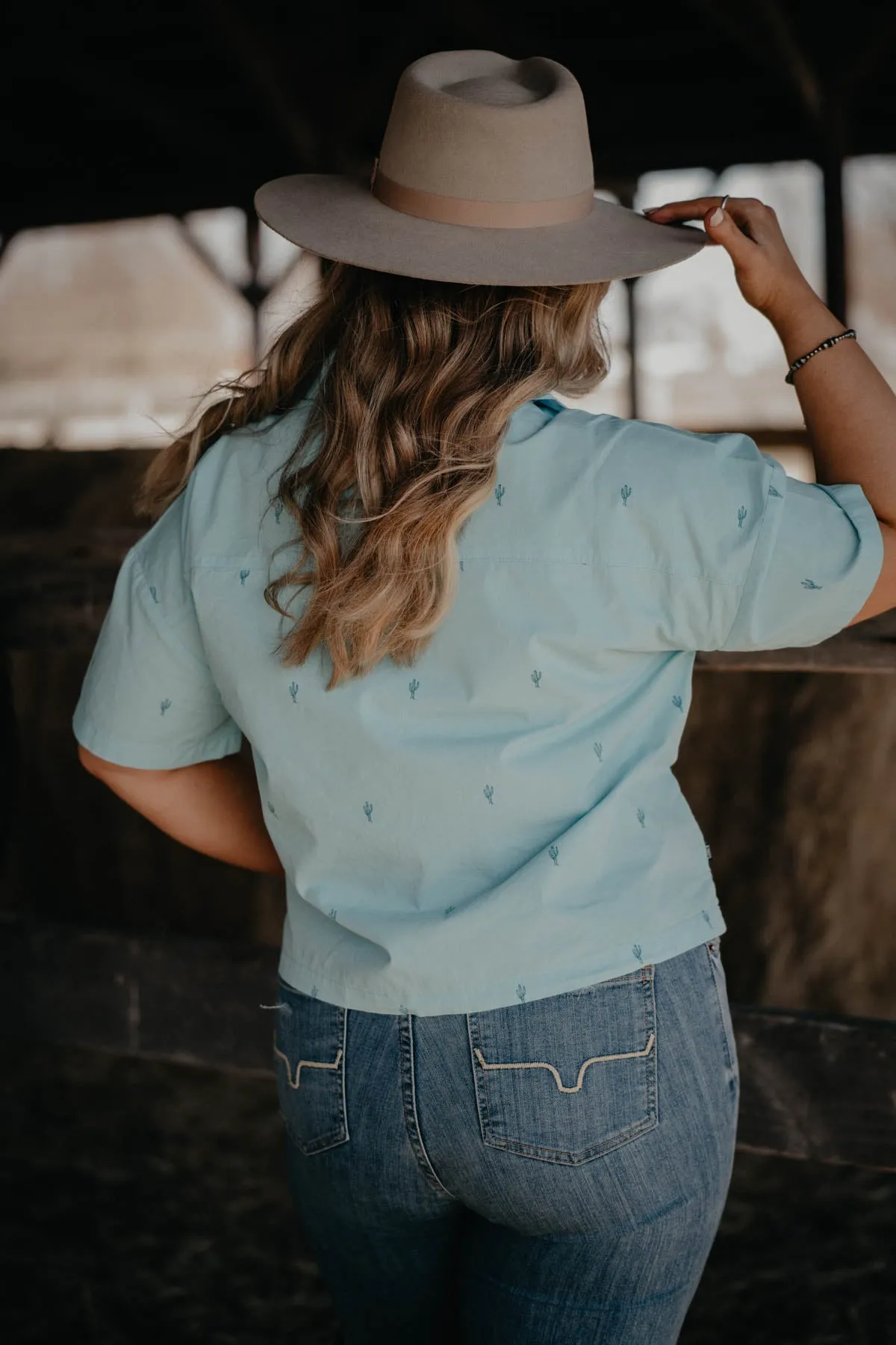 'Lady Cisco' Women's Light Blue Cacti Printed Camp Shirt by Kimes Ranch  (S Only)