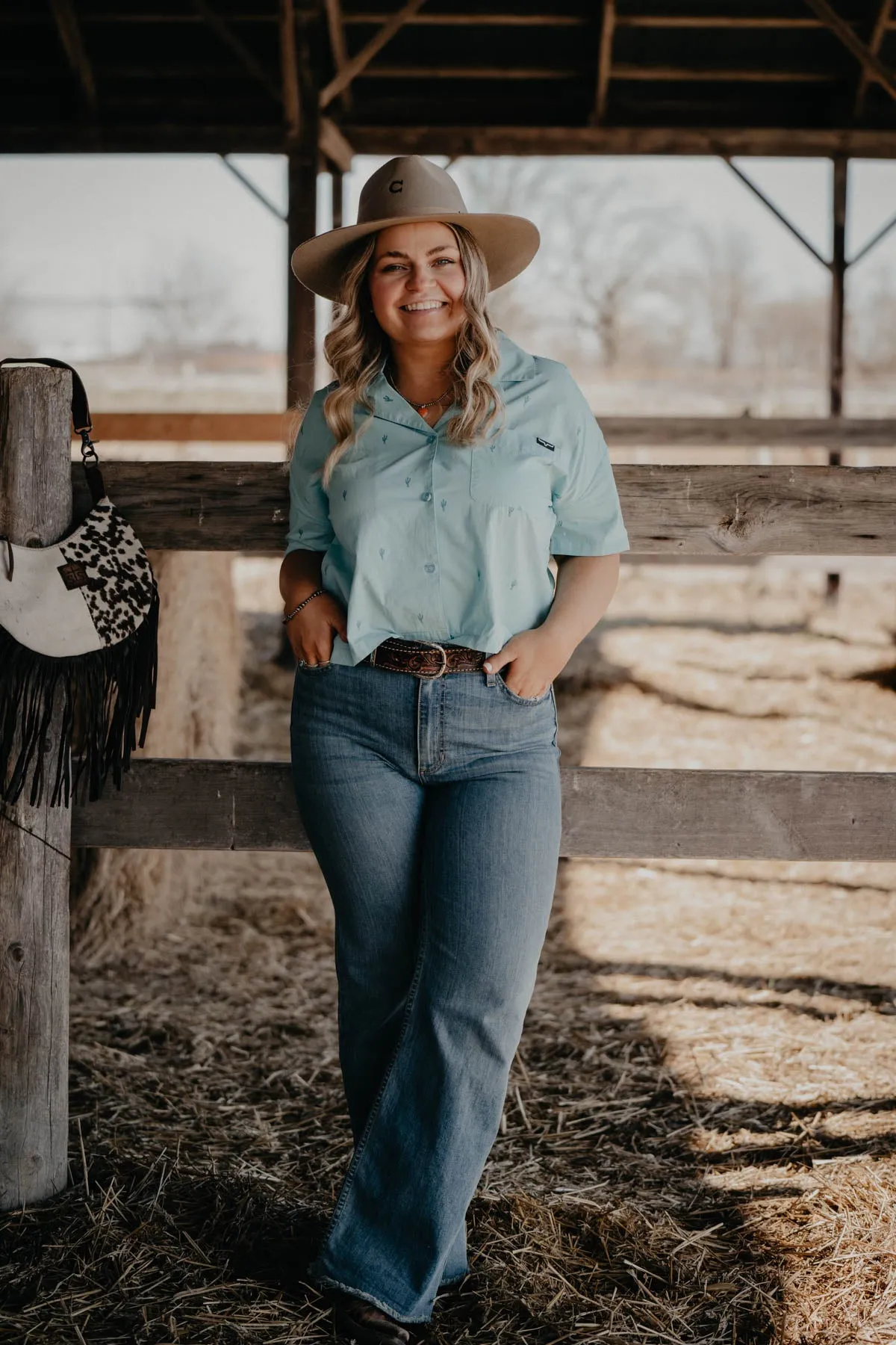 'Lady Cisco' Women's Light Blue Cacti Printed Camp Shirt by Kimes Ranch  (S Only)