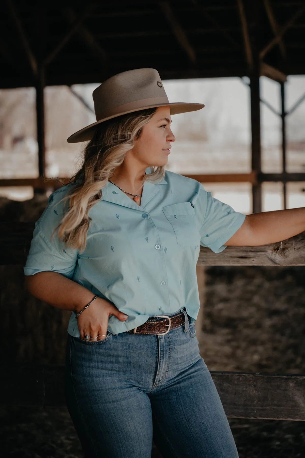 'Lady Cisco' Women's Light Blue Cacti Printed Camp Shirt by Kimes Ranch  (S Only)