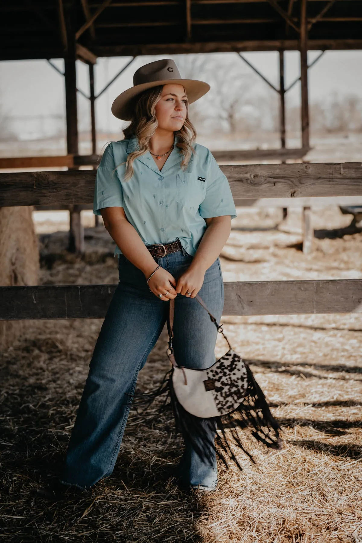 'Lady Cisco' Women's Light Blue Cacti Printed Camp Shirt by Kimes Ranch  (S Only)