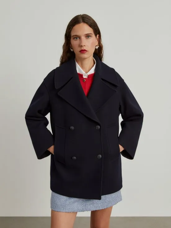 Large wool blend double-breasted coat