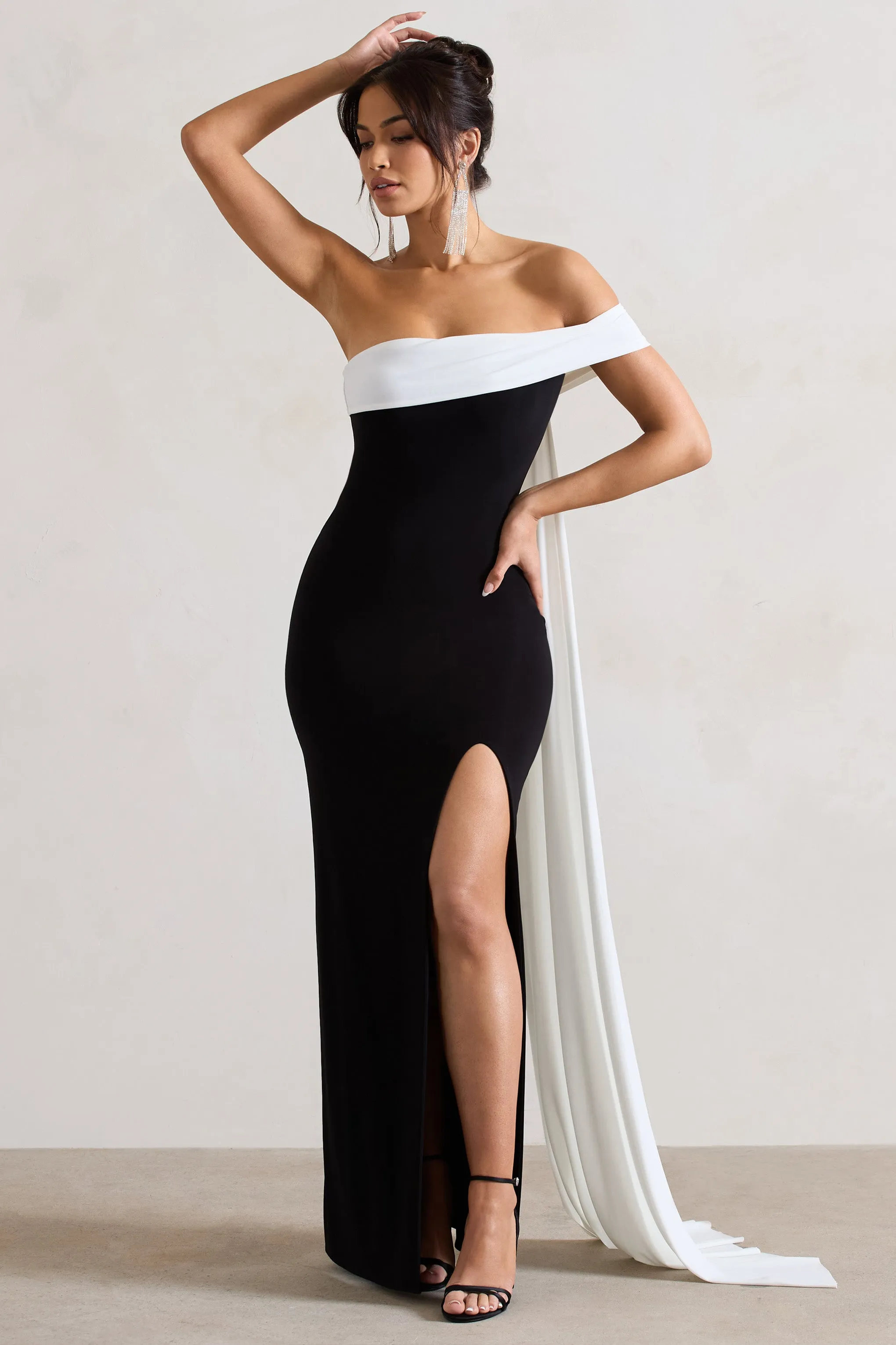 Legacy Black White Bardot Split Maxi Dress Drape