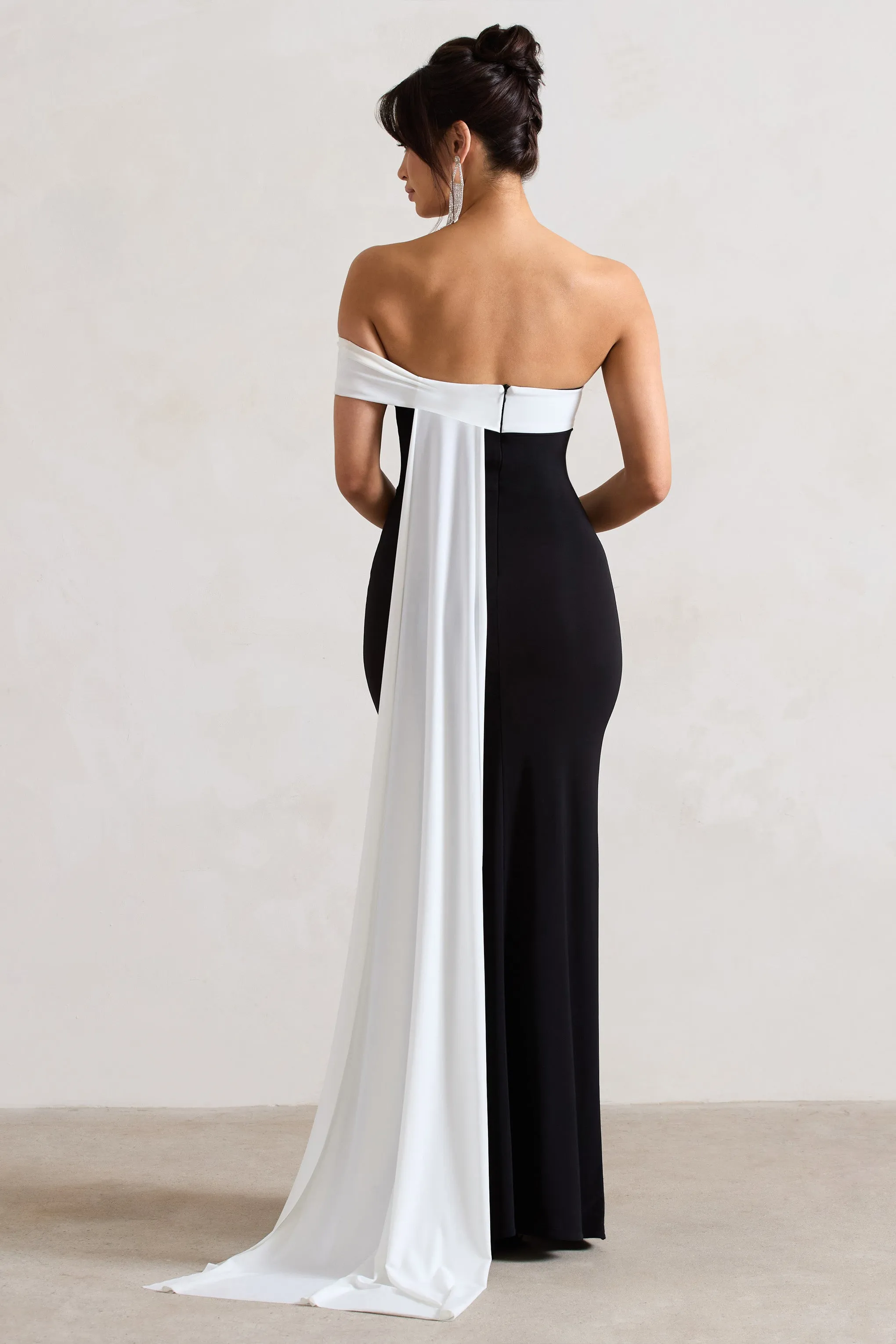 Legacy Black White Bardot Split Maxi Dress Drape