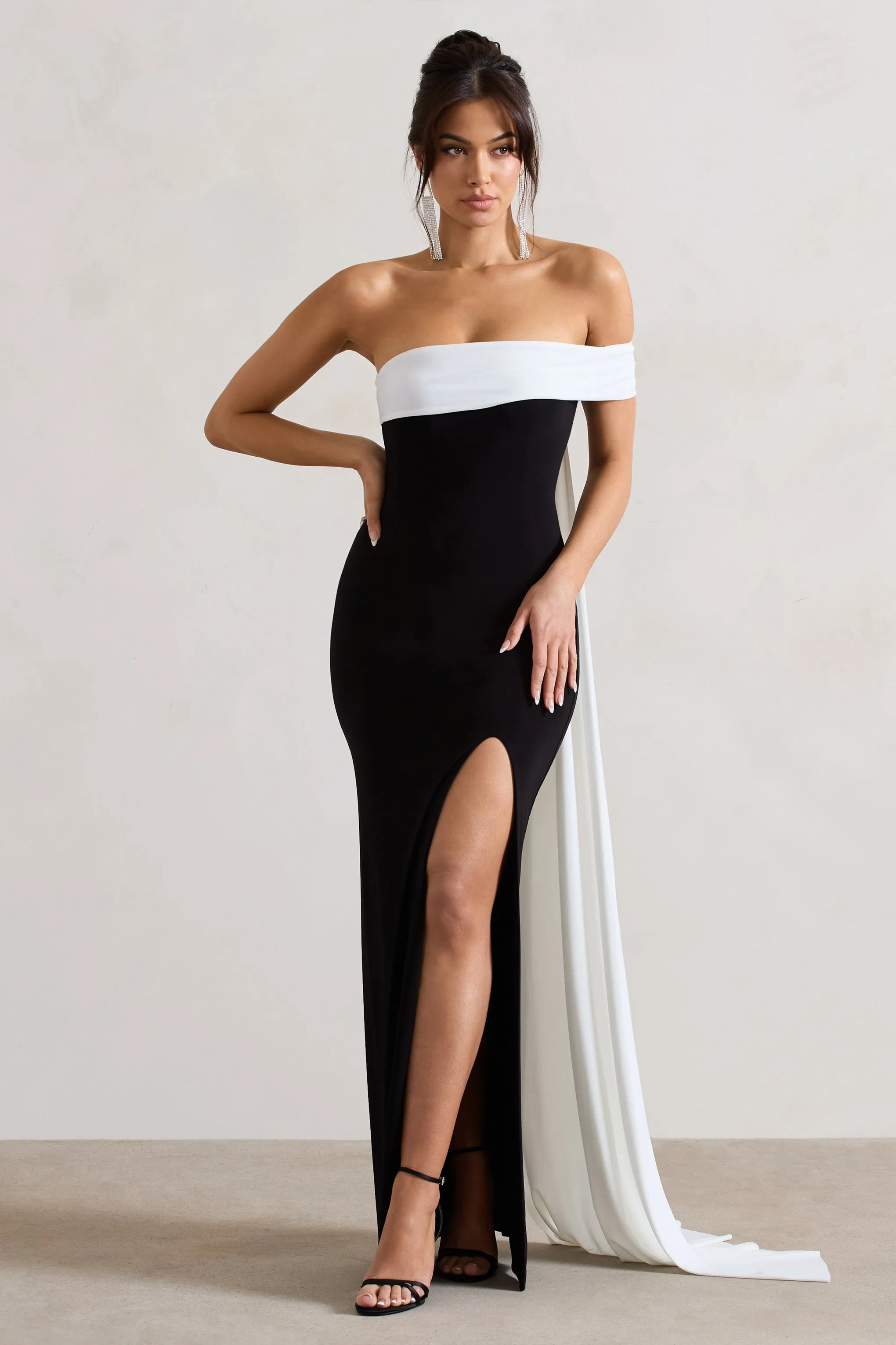 Legacy Black White Bardot Split Maxi Dress Drape