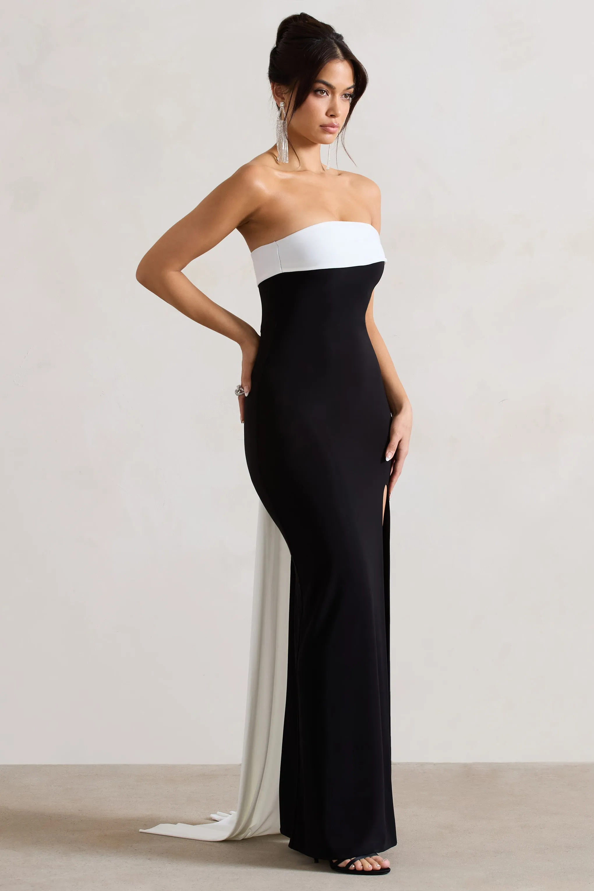 Legacy Black White Bardot Split Maxi Dress Drape