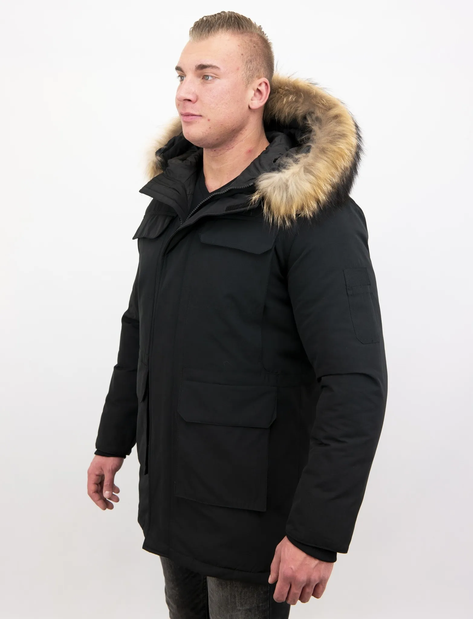 Long Black Parka Coat for Men White