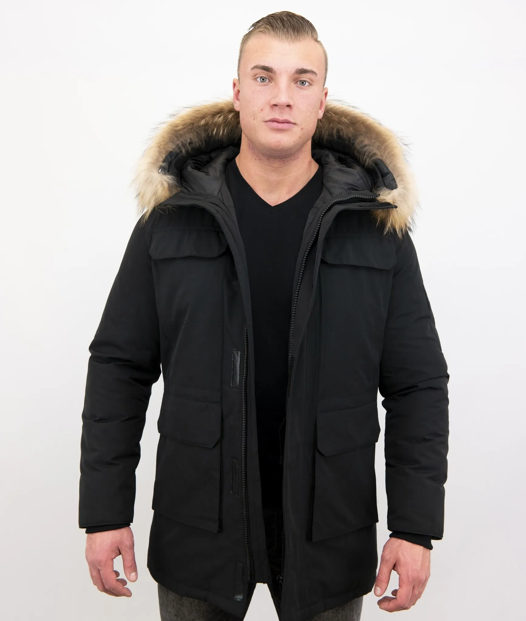 Long Black Parka Coat for Men White