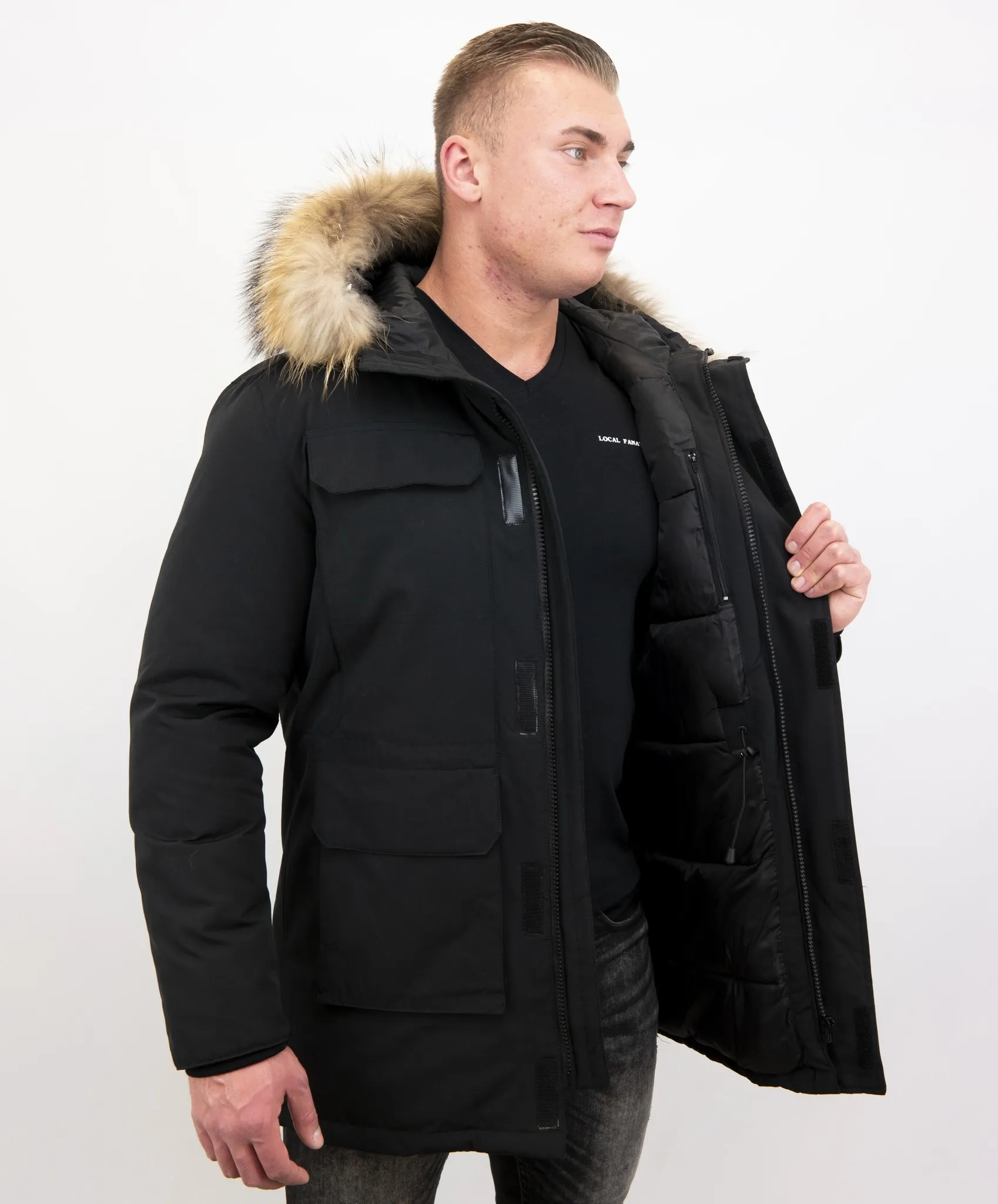 Long Black Parka Coat for Men White