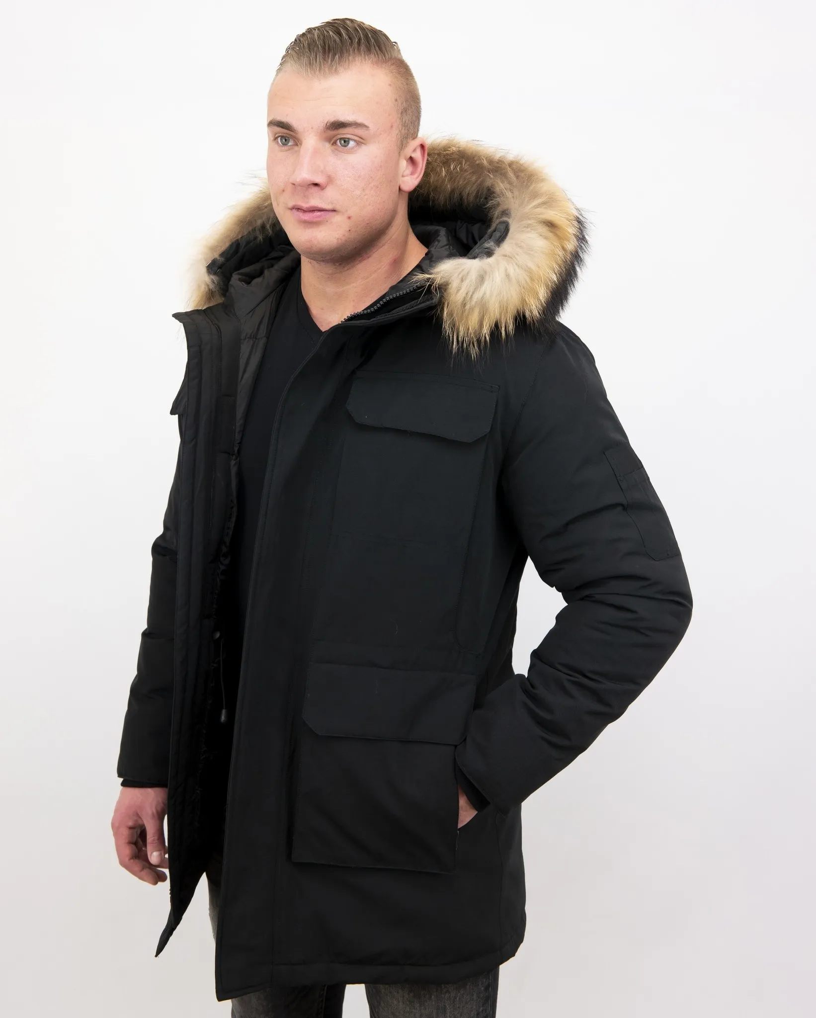 Long Black Parka Coat for Men White