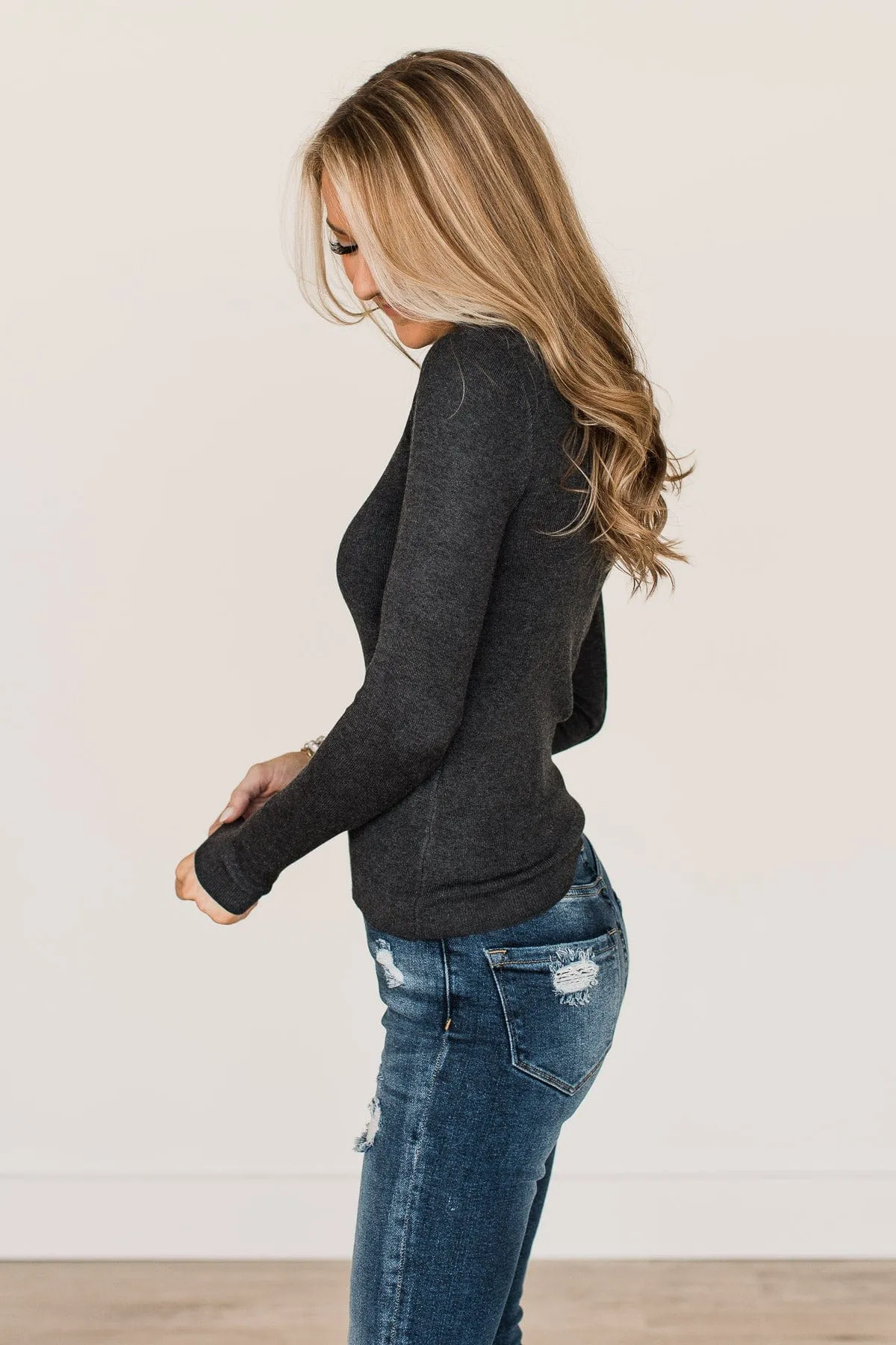 Long Sleeve Charcoal Knit Top - Just Because