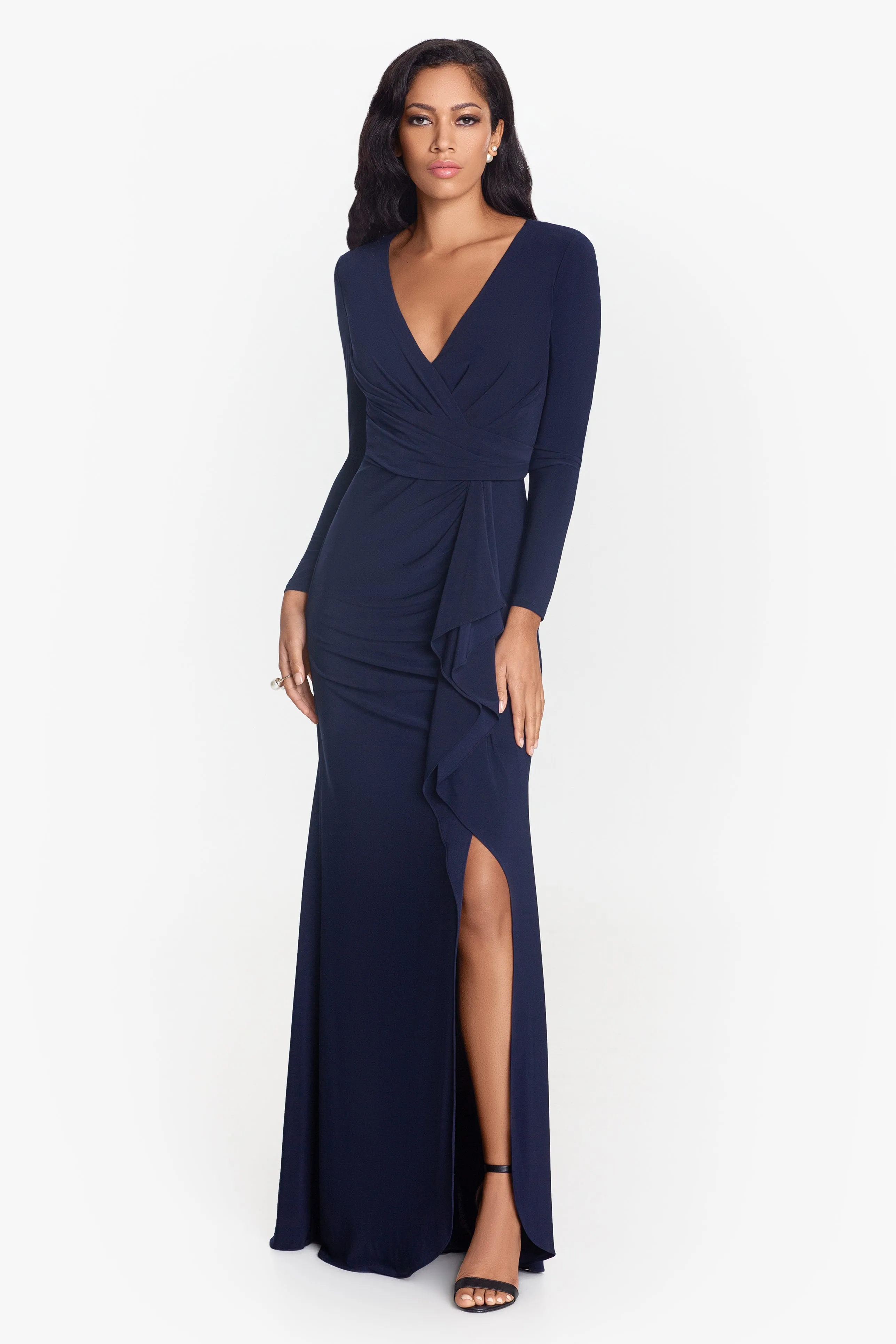 Long Sleeve Ruffled Gown with Side Slit