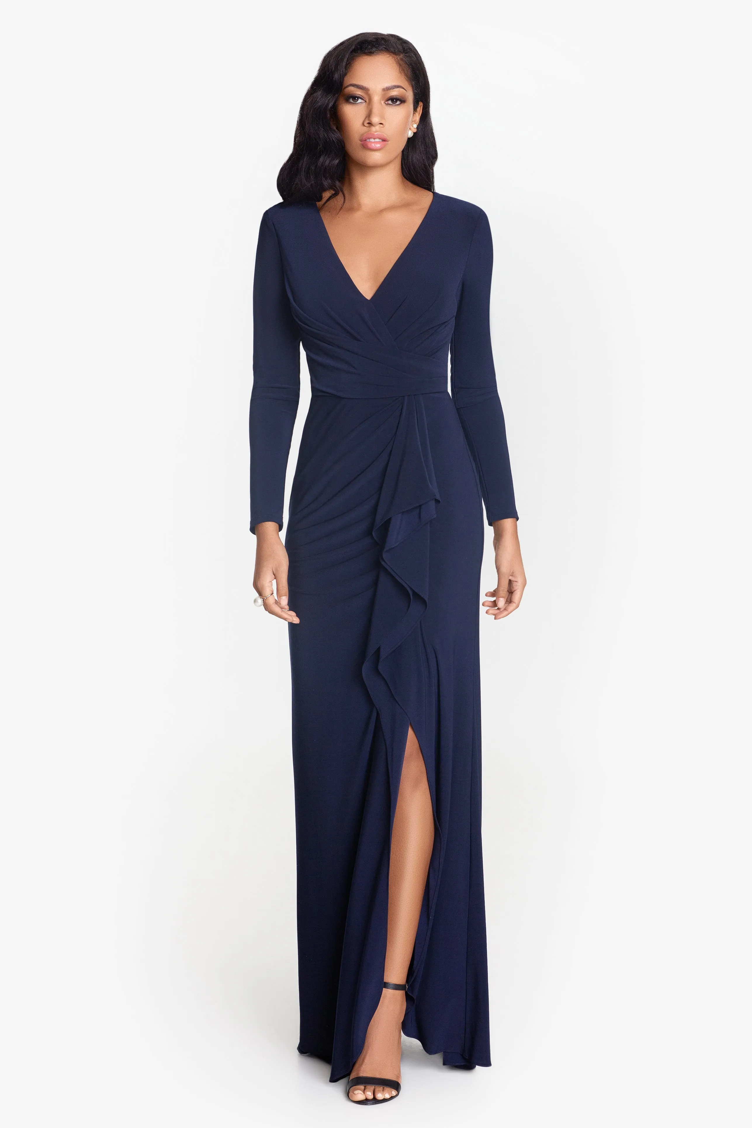 Long Sleeve Ruffled Gown with Side Slit