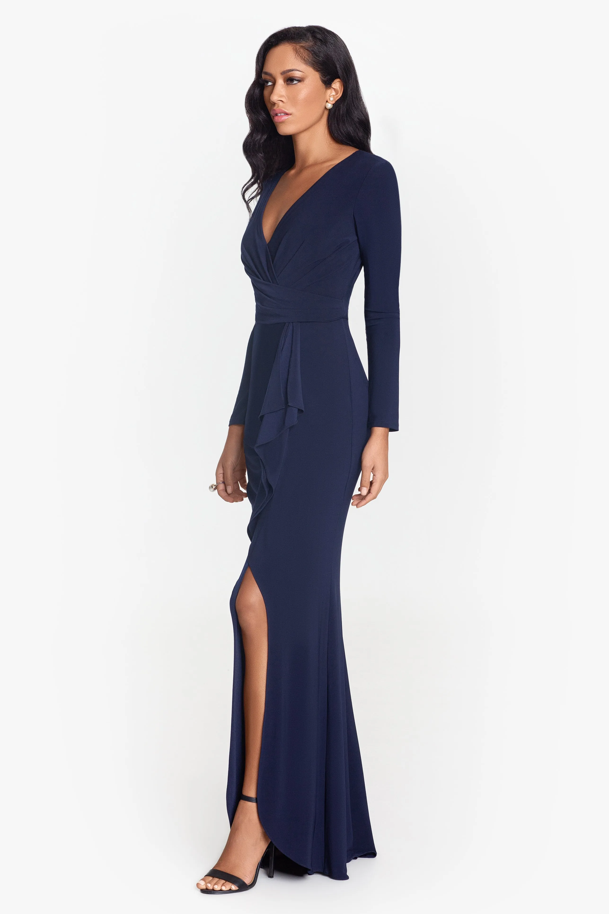 Long Sleeve Ruffled Gown with Side Slit