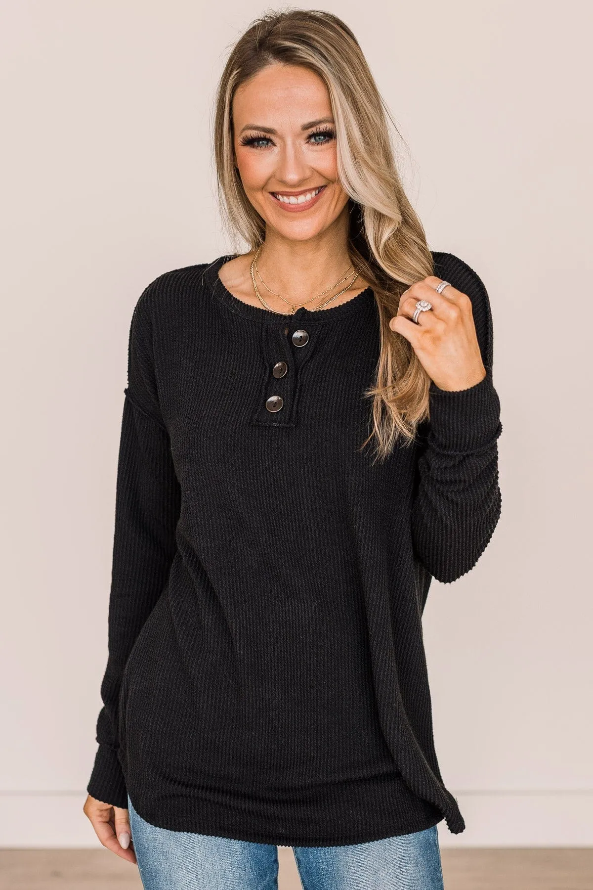 Button Knit Top- Black