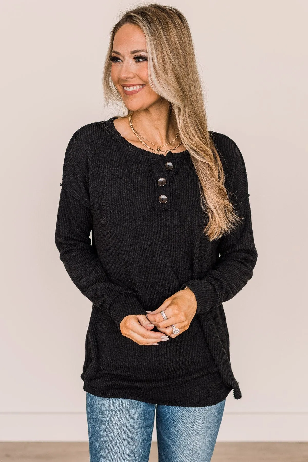 Button Knit Top- Black