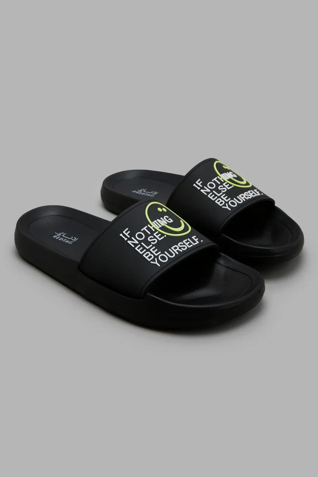 Men Black Slogan Embossed Slide