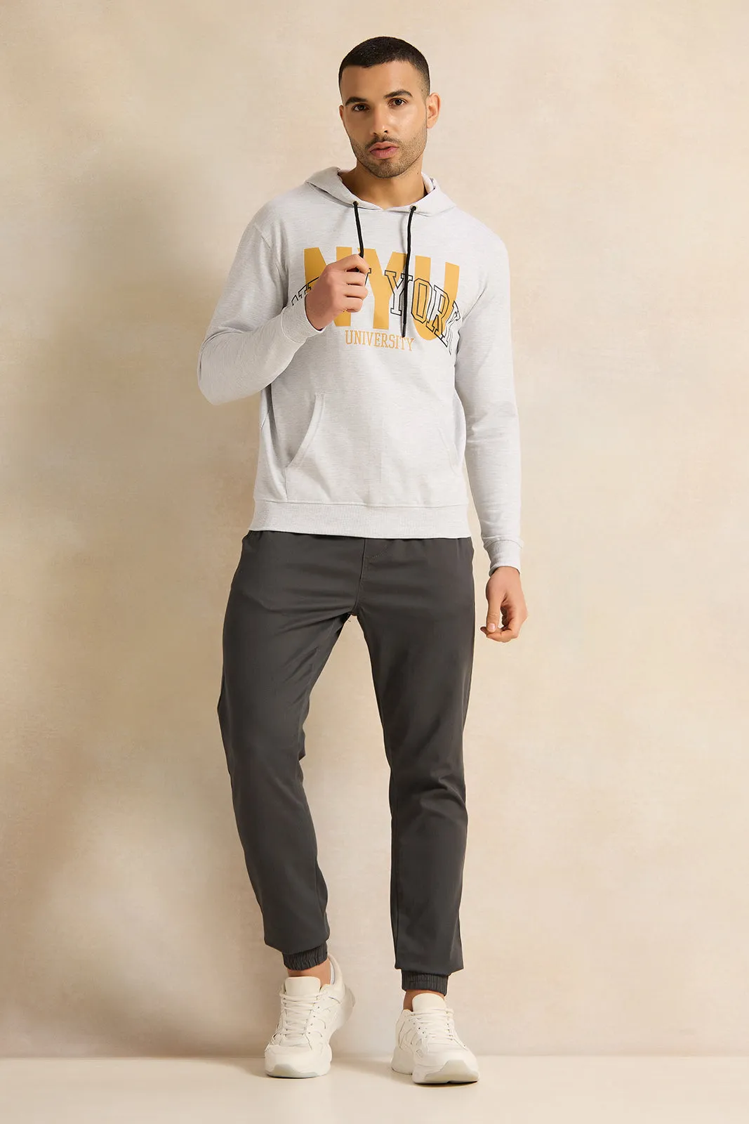 Men Grey Printed Hooded Sweatshirt