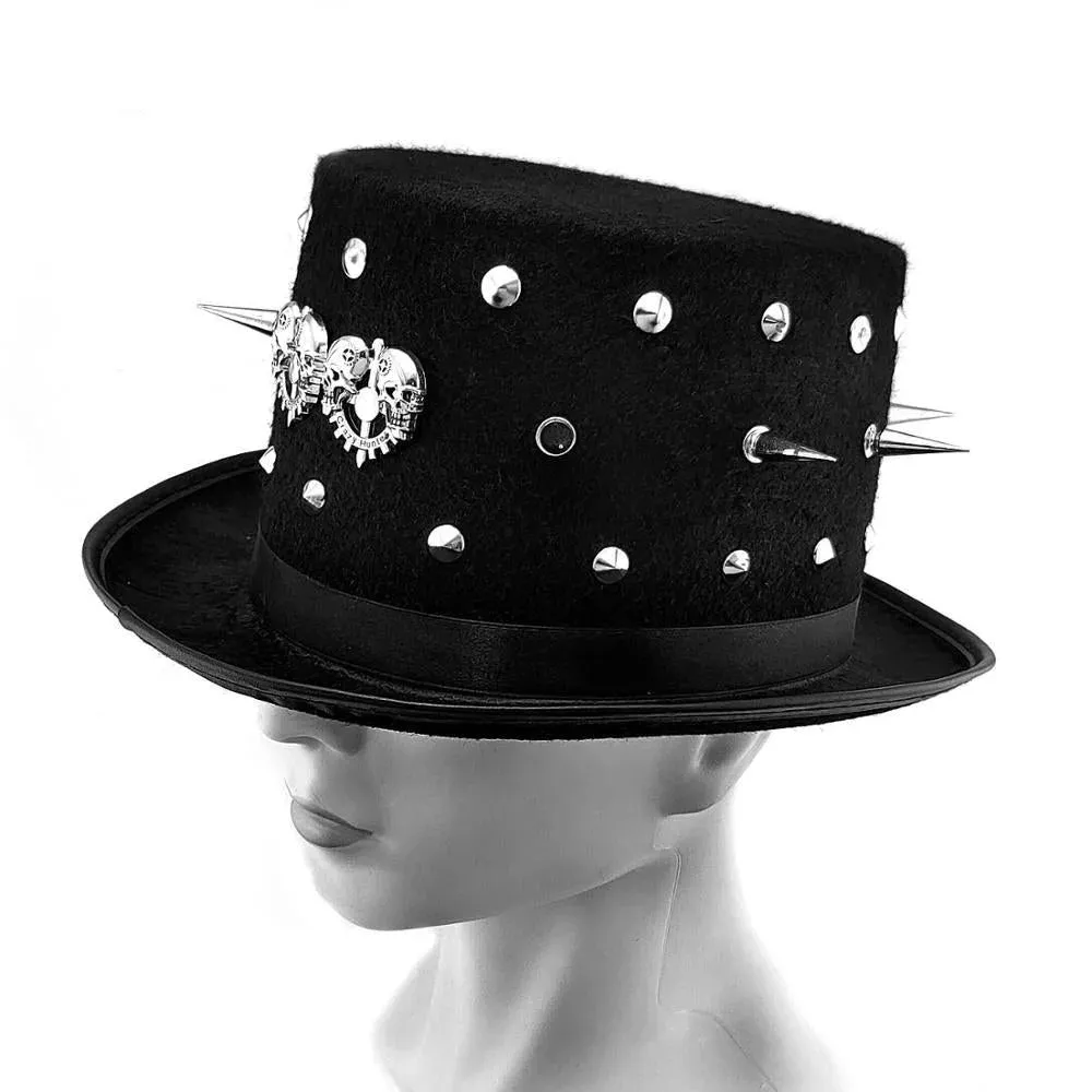 Men's Genuine Leather Studded Punk Rock Top Hat