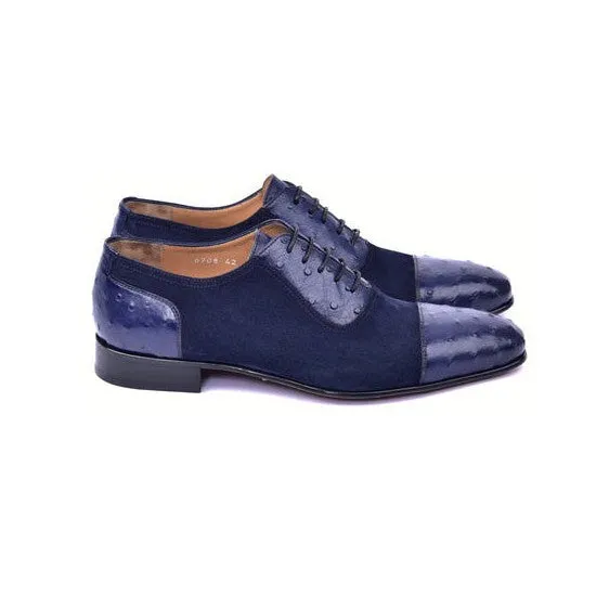 Men's Navy Ostrich/Suede Leather Oxfords - Corrente C00015-6708 (CRT1487)