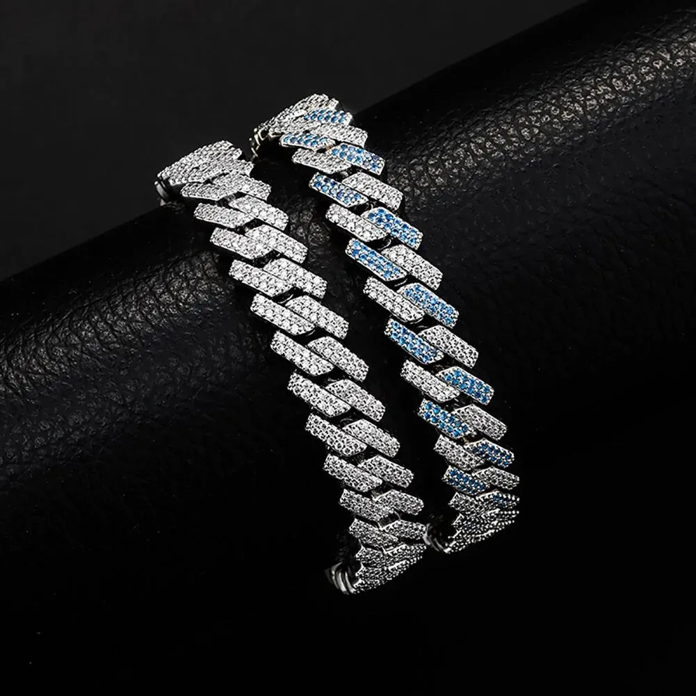 Men's Two-Tone Micro Pave CZ Hip Hop Bracelet with Blue, White, and Gold Iced Out Detail