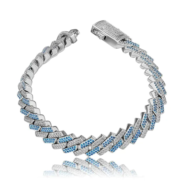 Men's Two-Tone Micro Pave CZ Hip Hop Bracelet with Blue, White, and Gold Iced Out Detail