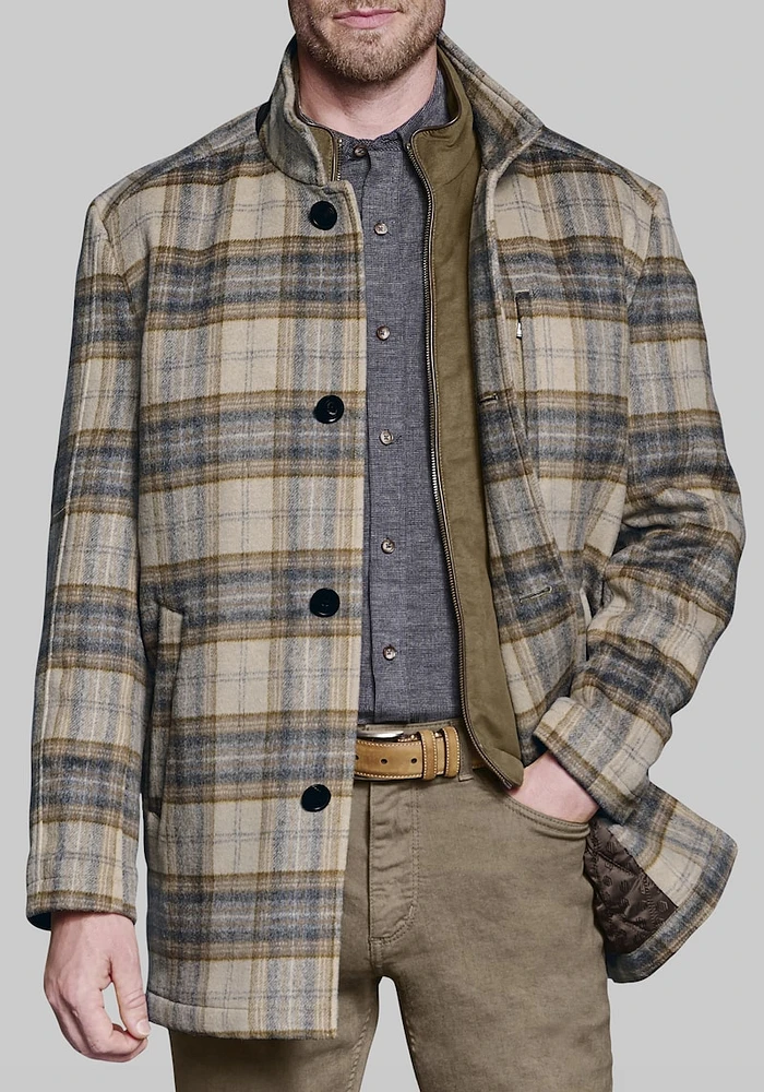 Men's Johnston & Murphy Tailored Fit Plaid Car Coat at Jos. A. Bank, Brown, Size Medium - Outerwear