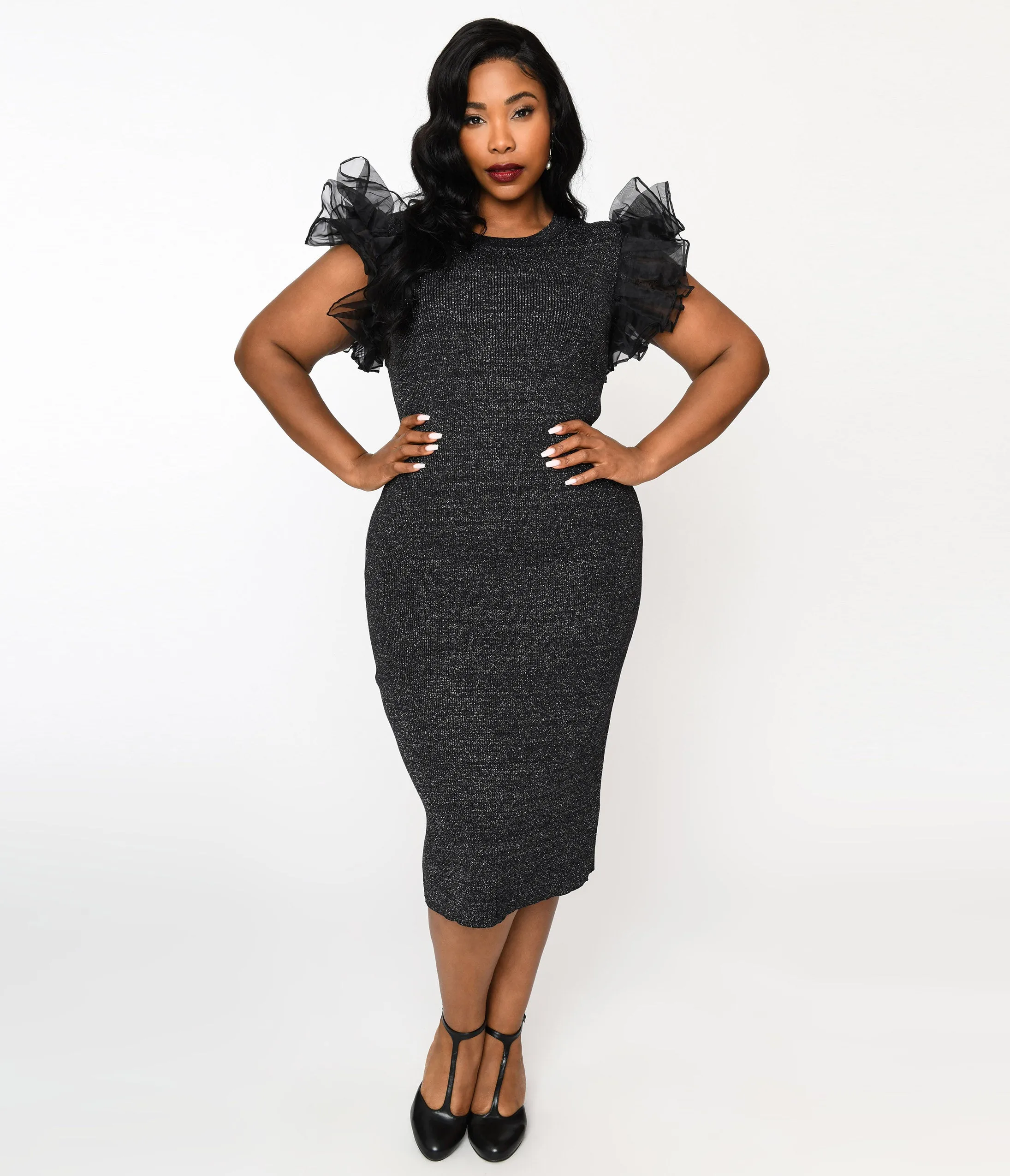 Black Ruffle Sleeve Knit Midi Dress