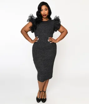 Black Ruffle Sleeve Knit Midi Dress