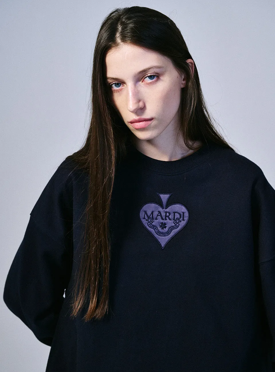 navy blue satin spade sweatshirt.