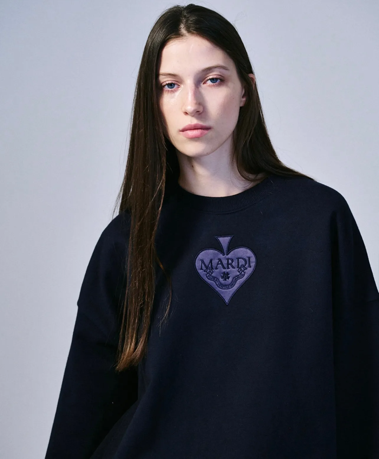 navy blue satin spade sweatshirt.