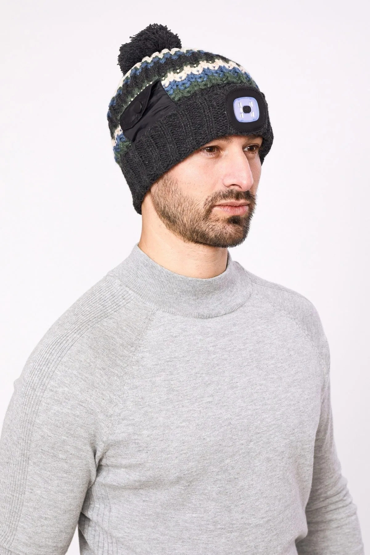 Navy Men's Chunky Knit LED Torch Hat