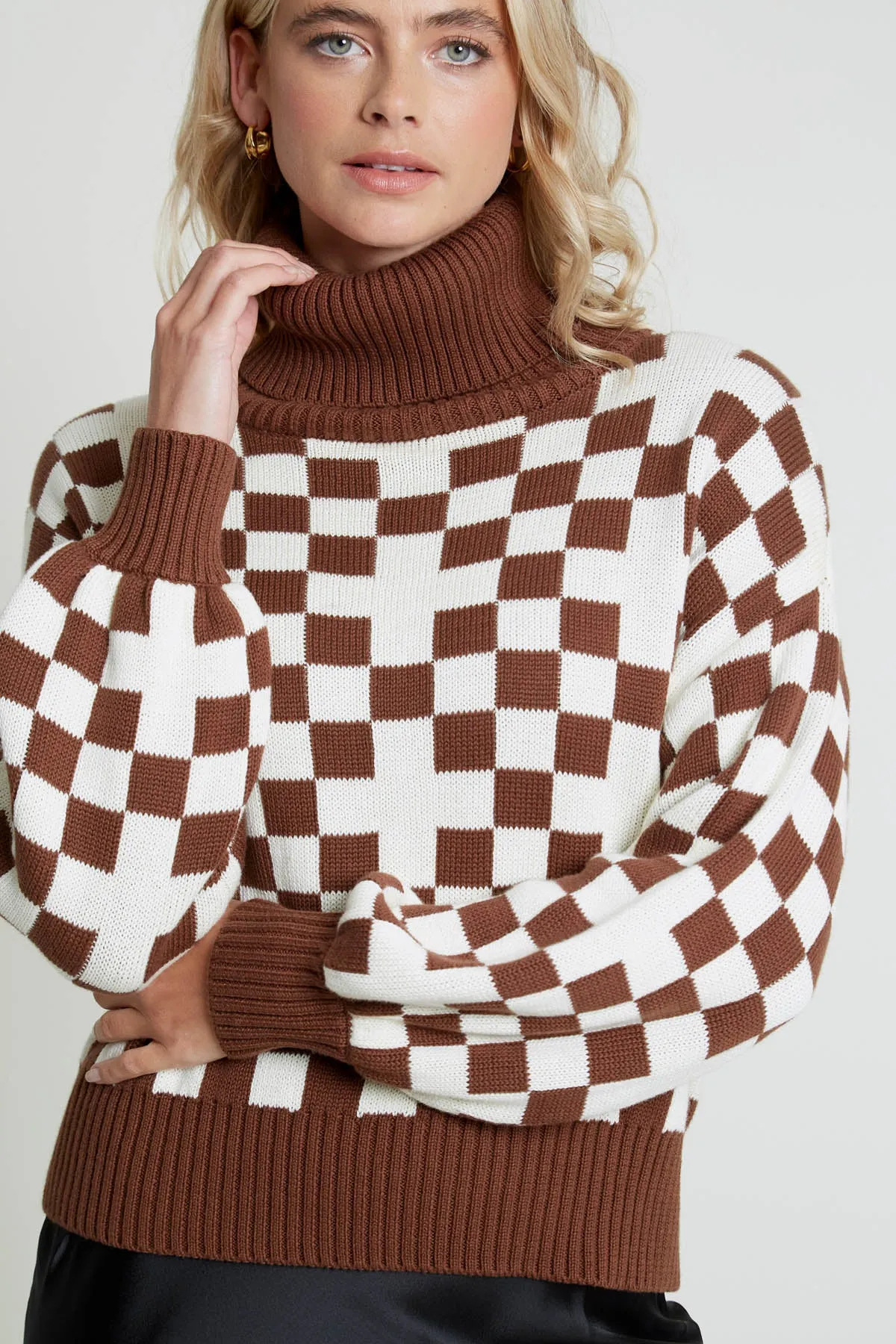 Oversized Checkerboard Knit Roll Neck Jumper by Rocio