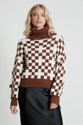 Oversized Checkerboard Knit Roll Neck Jumper by Rocio