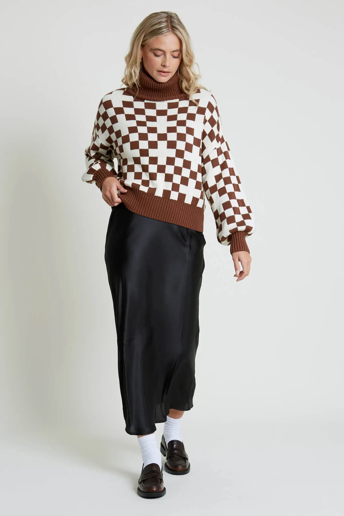 Oversized Checkerboard Knit Roll Neck Jumper by Rocio