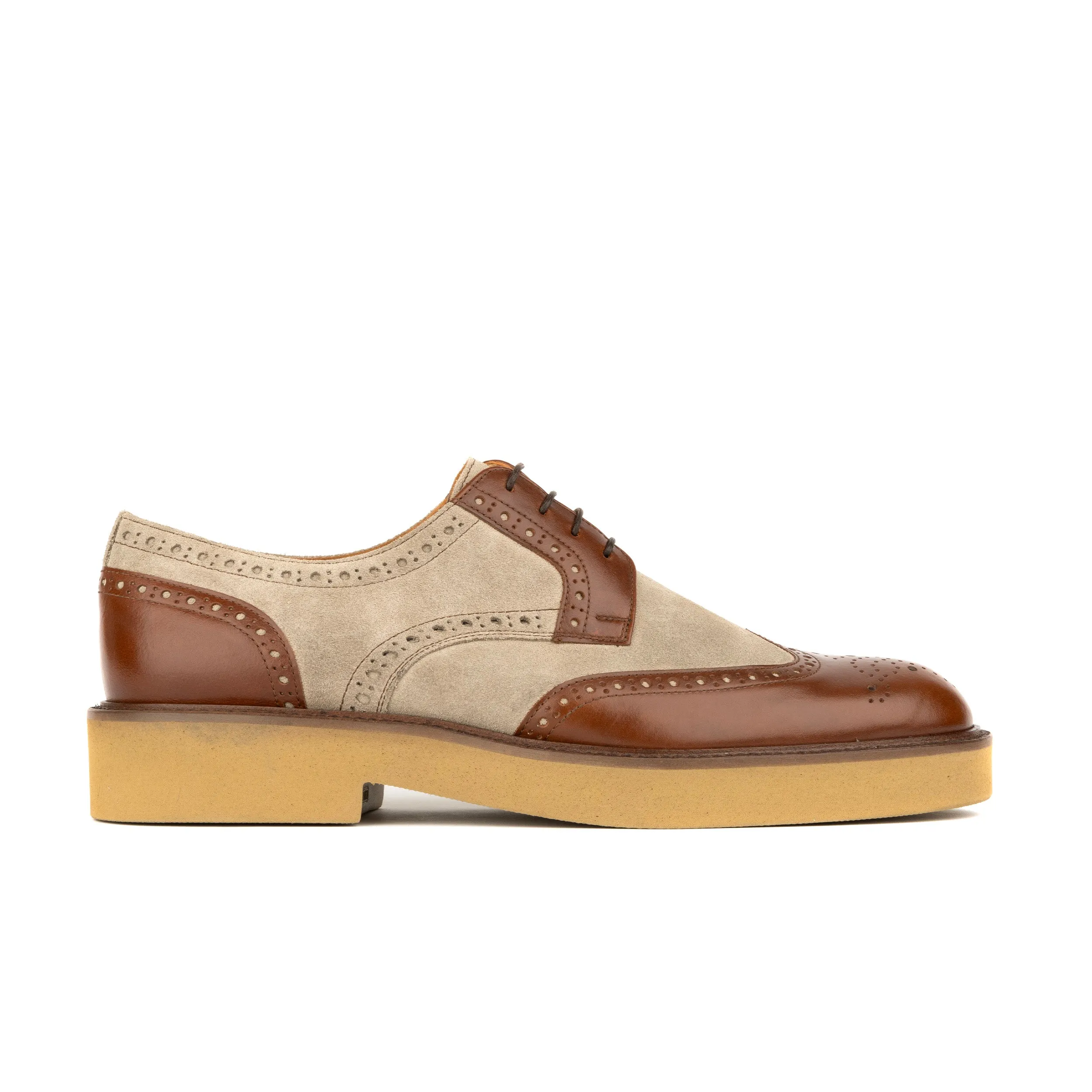 OXFORD SHARP BROWN & TAN - Men's wingtip suede and leather derby shoe with broguing