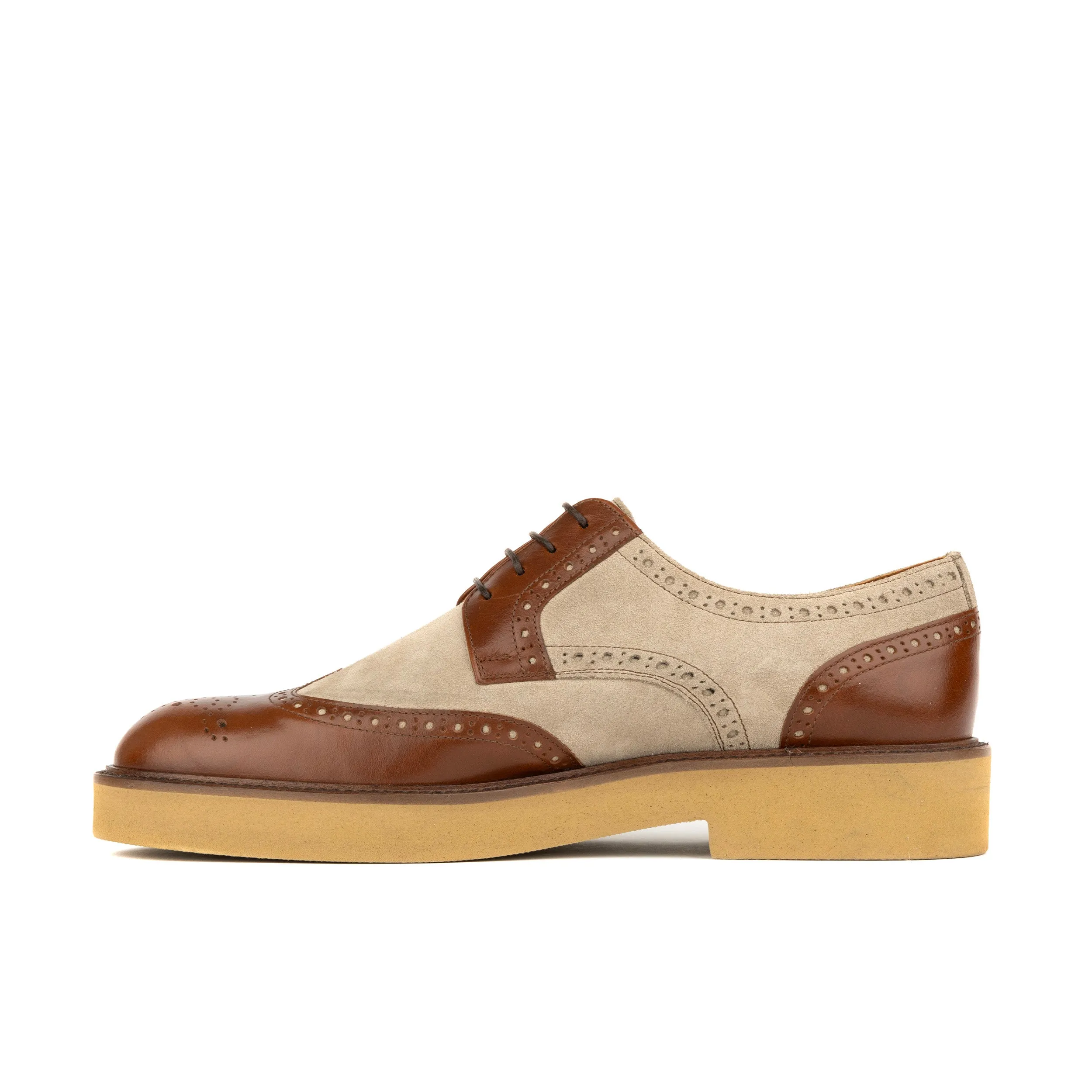 OXFORD SHARP BROWN & TAN - Men's wingtip suede and leather derby shoe with broguing