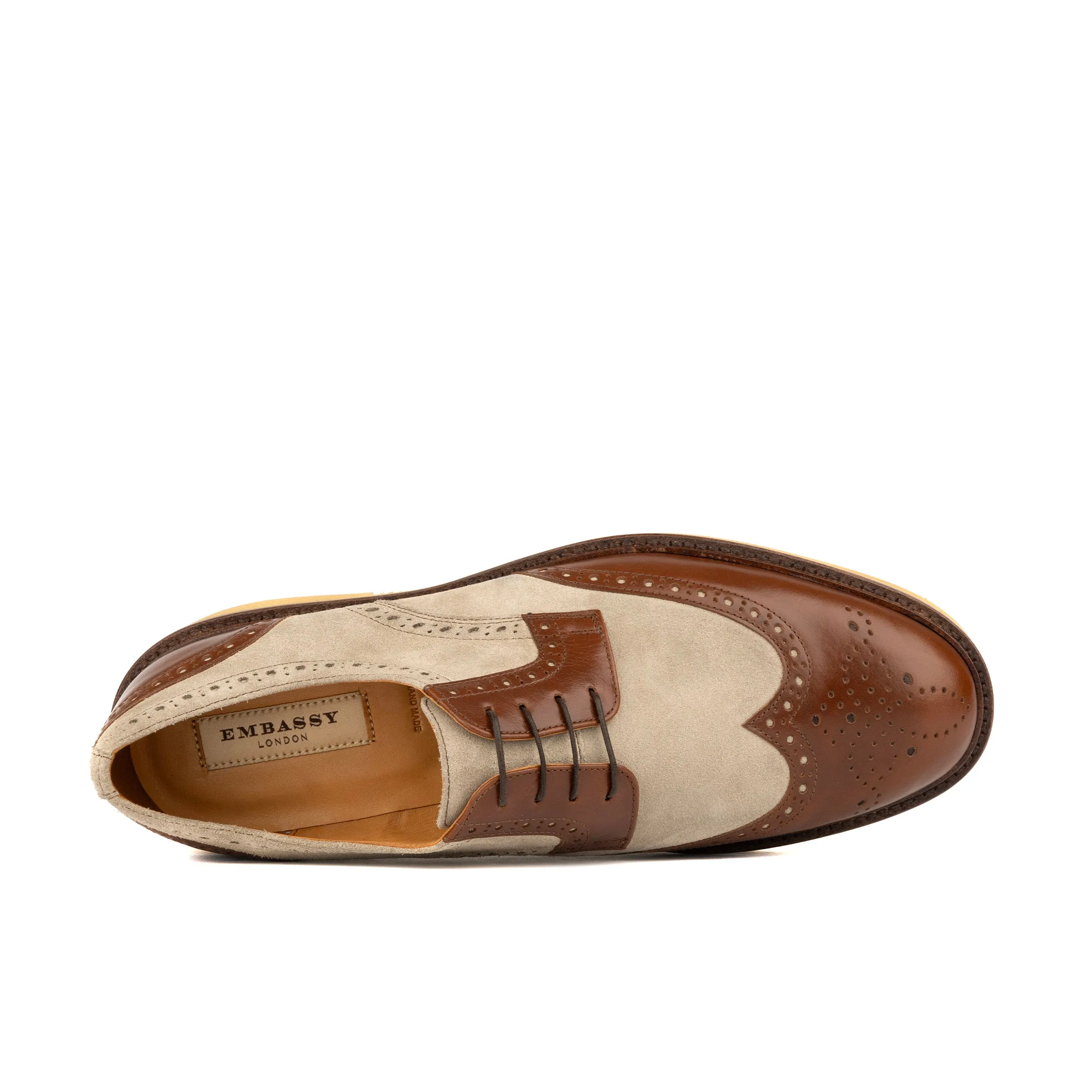 OXFORD SHARP BROWN & TAN - Men's wingtip suede and leather derby shoe with broguing