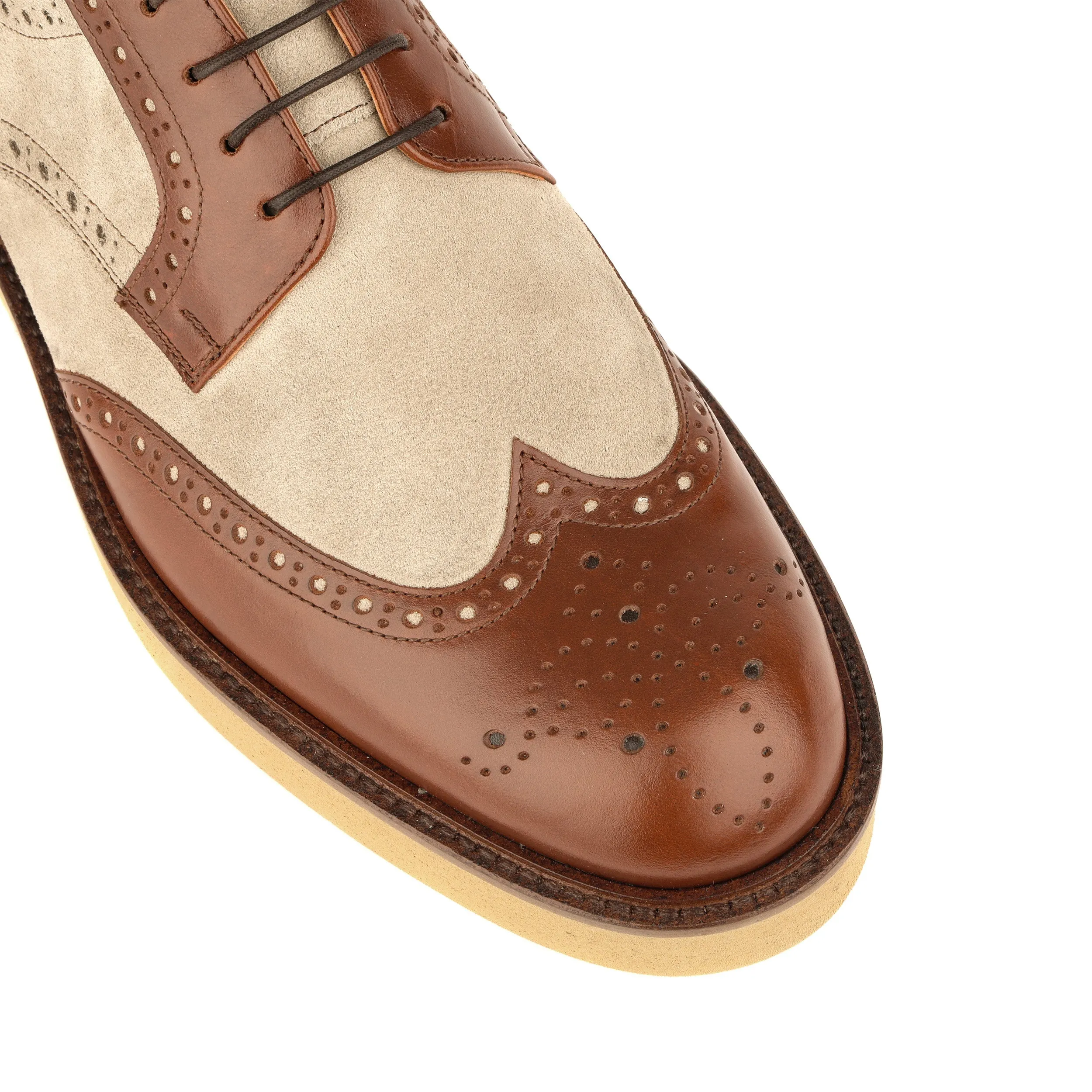 OXFORD SHARP BROWN & TAN - Men's wingtip suede and leather derby shoe with broguing