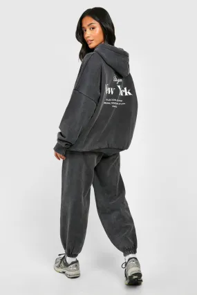 Petite Acid Wash Slogan Back Print Tracksuit