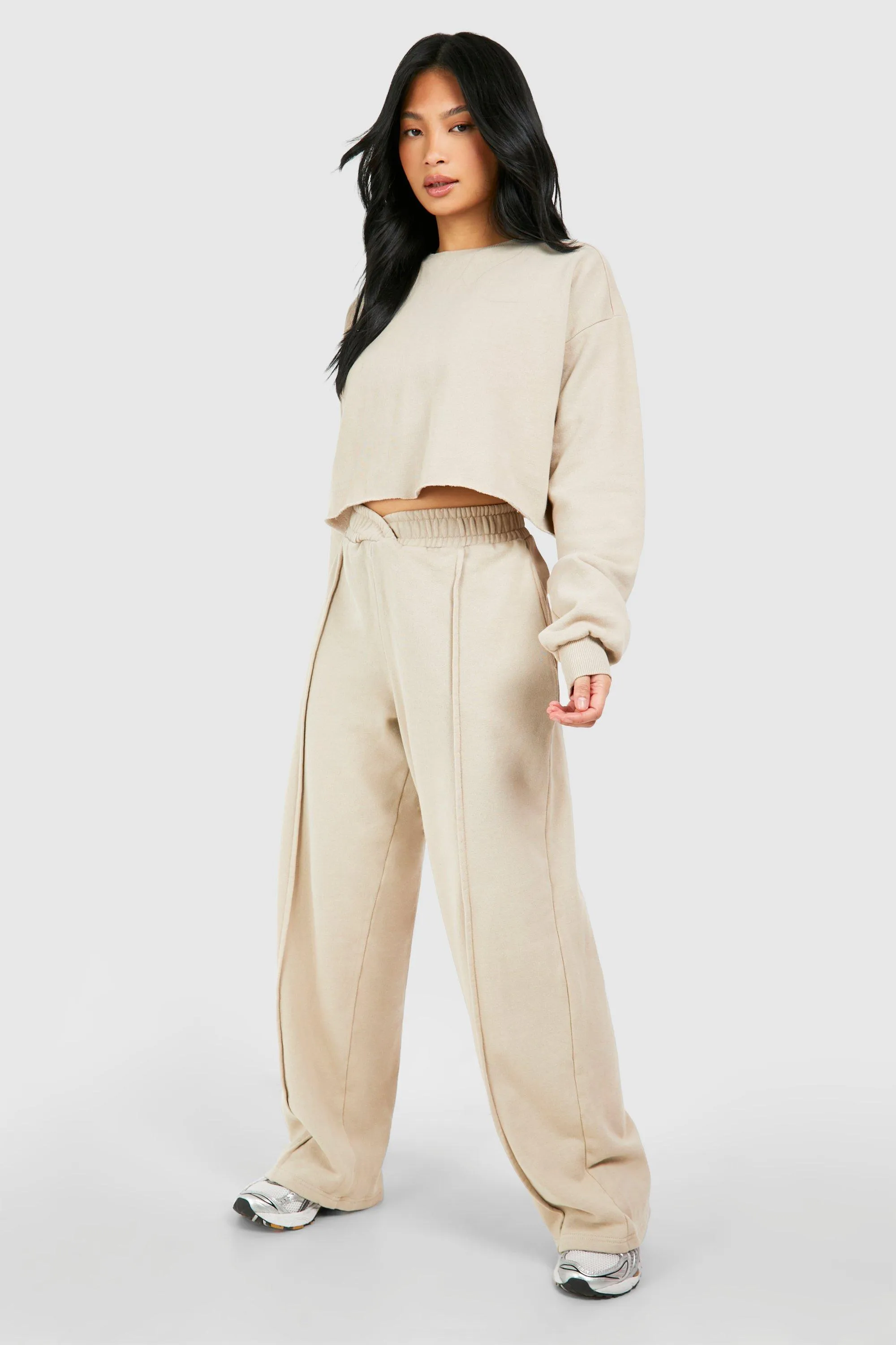 Petite Cropped Sweatshirt Wide Leg Washed Tracksuit