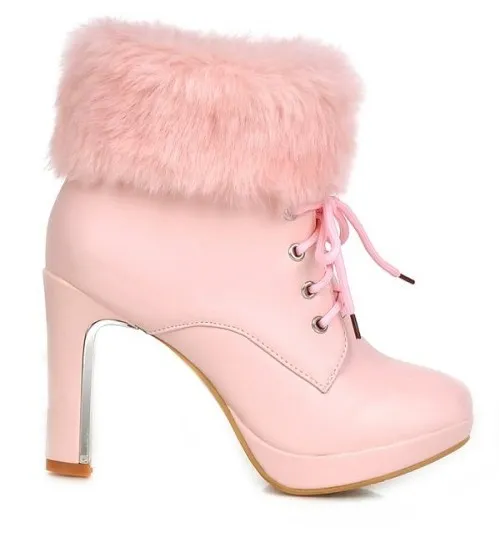 Pink Fur Lace-Up High Heel Ankle Boots Platforms