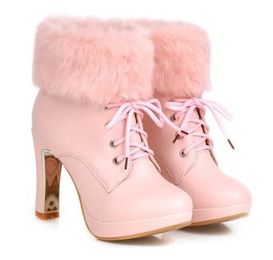 Pink Fur Lace-Up High Heel Ankle Boots Platforms