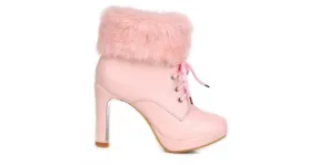 Pink Fur Lace-Up High Heel Ankle Boots Platforms