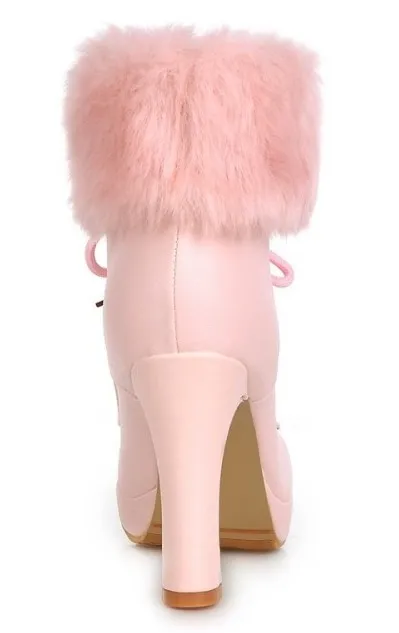 Pink Fur Lace-Up High Heel Ankle Boots Platforms