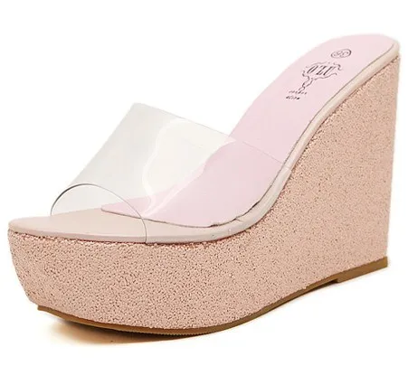 Pink Bridal Transparent Glitter Bling Bling Platforms Wedges Sandals