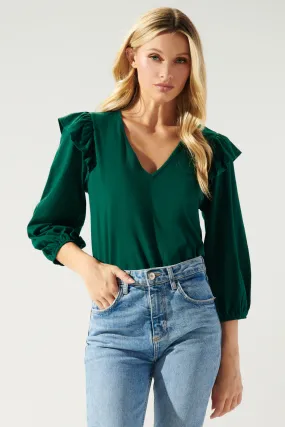 Quinn V Neck Ruffle Puff Sleeve Cotton Knit Top